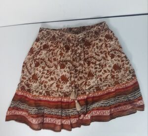 Beachlunchlounge Boho Print Skirt Rust Black Beige Pull-on Tassel Tie Size M
